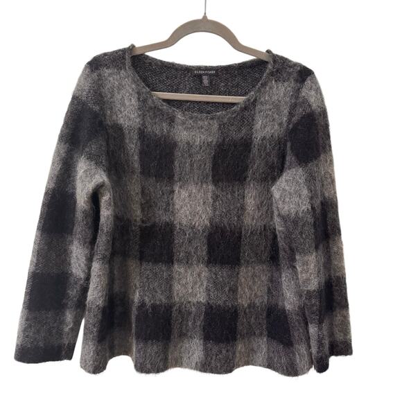 Eileen Fisher Mohair Alpaca Blend Check Plaid Sweater Black Gray Size Medium - Picture 4 of 10
